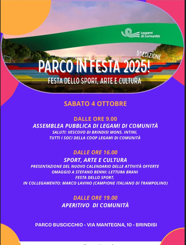 PARCO IN FESTA 2025 – FESTA DELLO SPORT, ARTE E CULTURA – Sabato 4 ottobre 2025