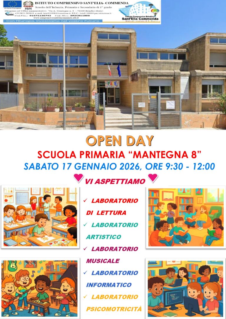 OPEN DAY SCUOLA PRIMARIA PLESSO MANTEGNA 8, SABATO 17 GENNAIO ore 9:30 – 12:00