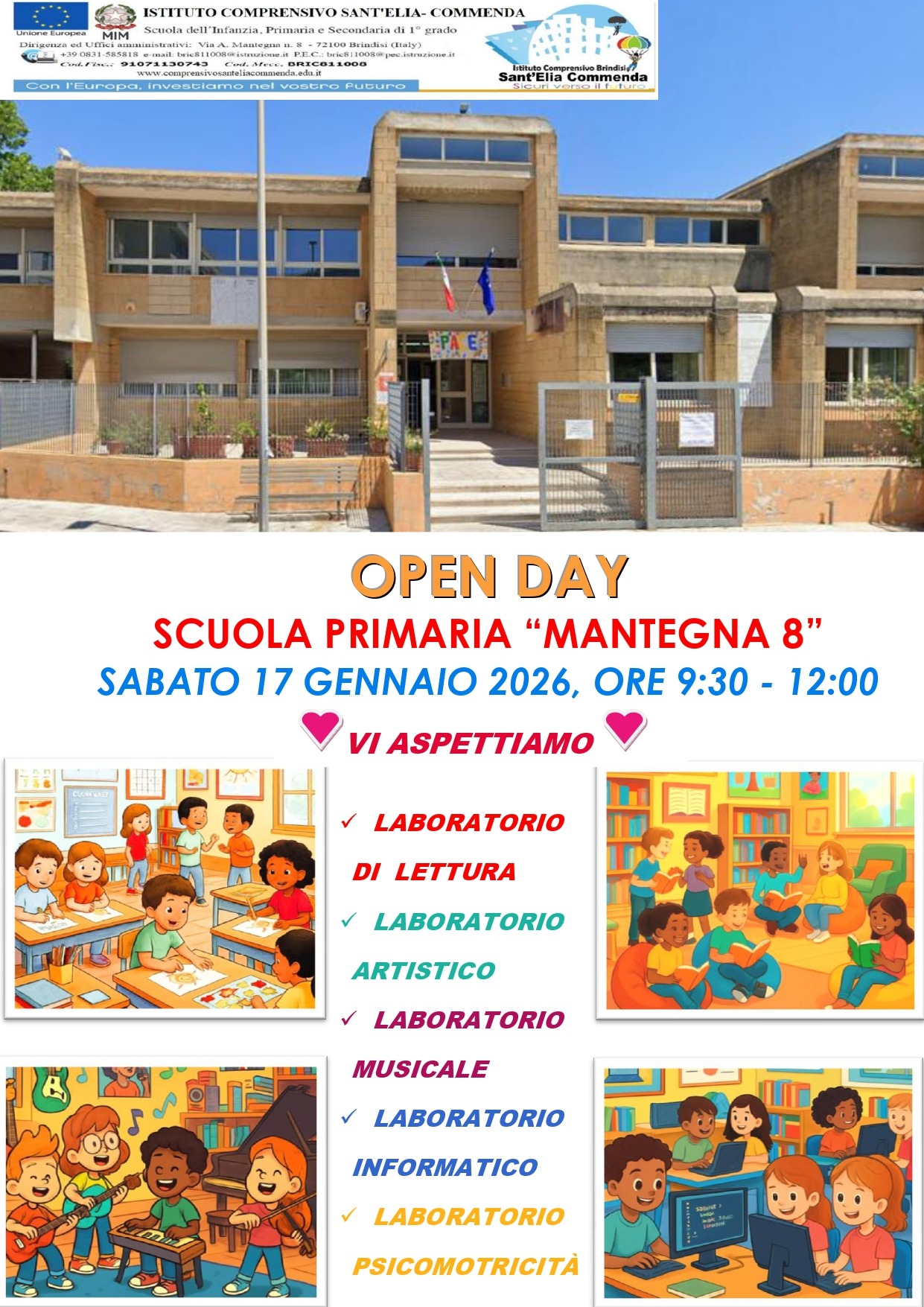 OPEN DAY SCUOLA PRIMARIA PLESSO MANTEGNA 8, SABATO 17 GENNAIO ore 9:30 – 12:00